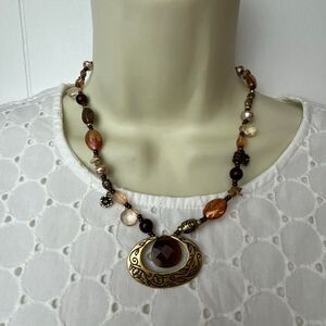 Vintage Premier Designs Rock Beads Browns Fall Amulet Necklace Tan Gold Statemen